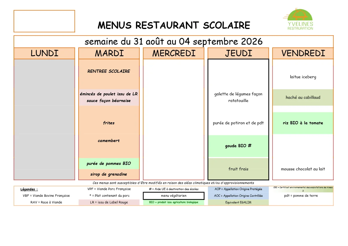 Menu de cantine - Septembre 2026