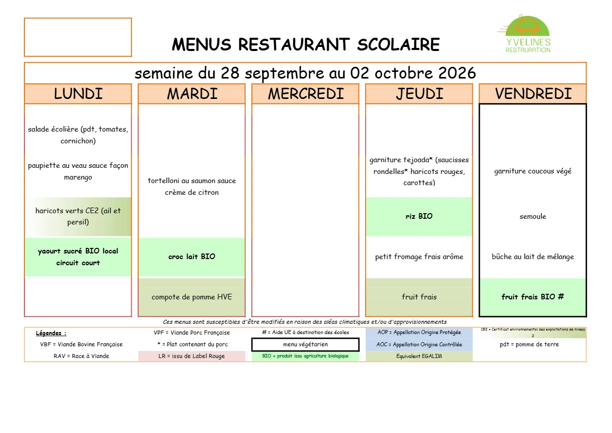 Menu de cantine - Octobre 2026
