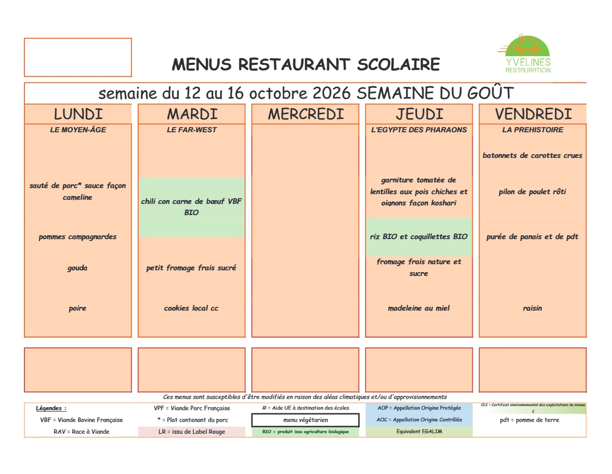 Menu de cantine - Octobre 2026