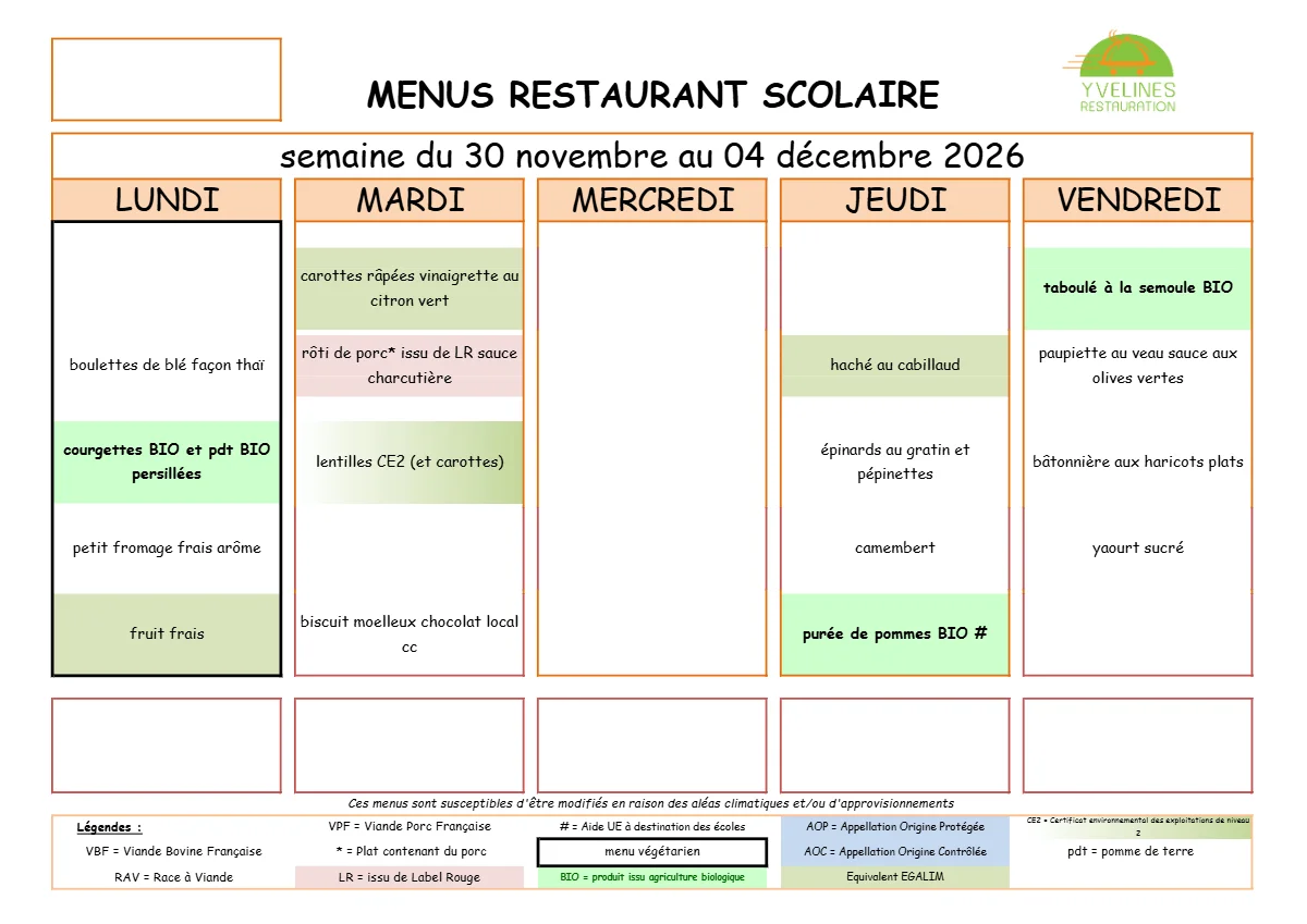 Menu de cantine - Décembre 2026